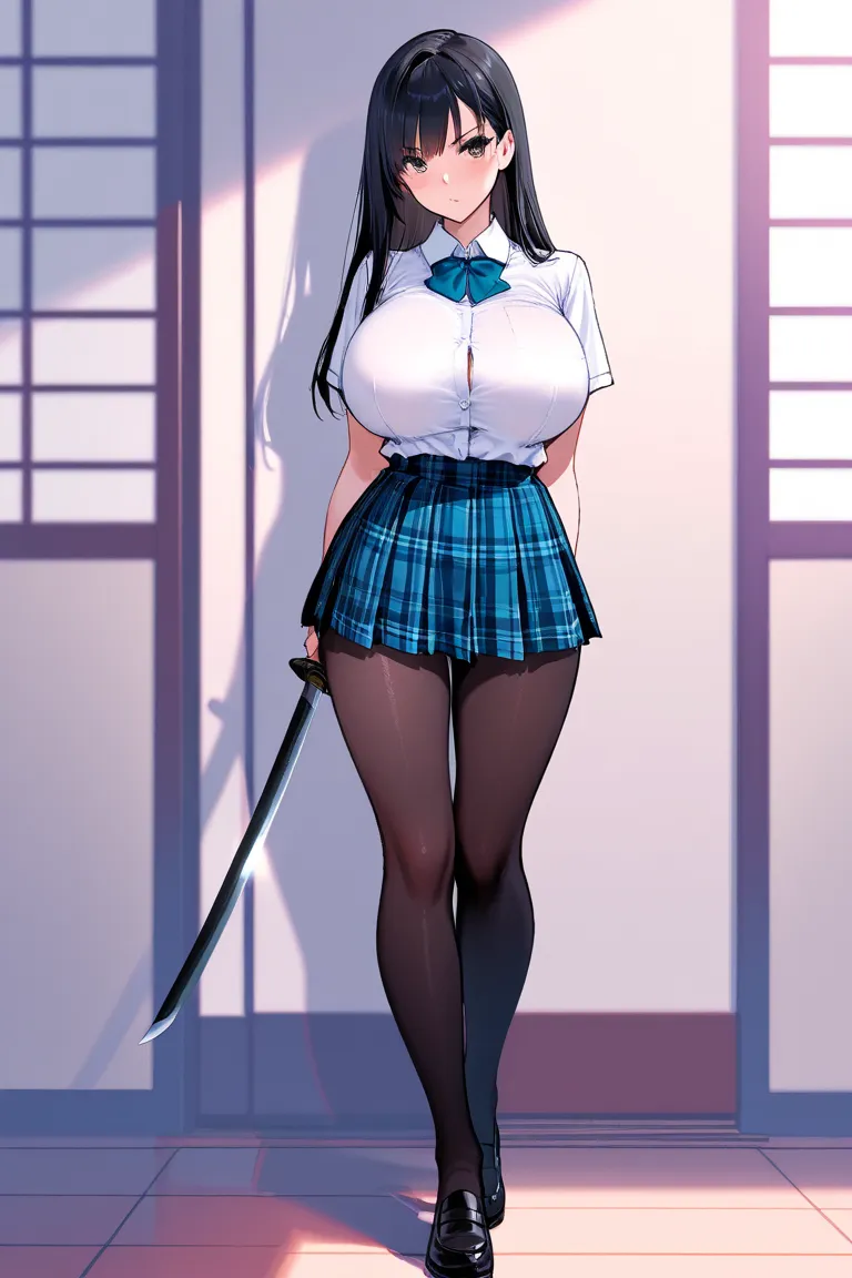 8k,masterpiece, best quality, ultra detailed, high resolution, super fine illustration, Schoolgirl with a Japanese sword,Beautiful girl with long black hair,
Huge breasts, pantyhose, plaid skirt, shoes,