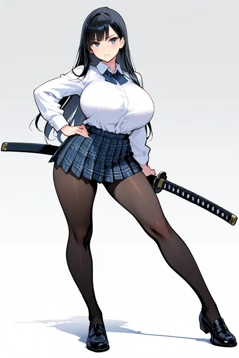 8k,masterpiece, best quality, ultra detailed, high resolution, super fine illustration, Schoolgirl with a Japanese sword,Beautiful girl with long black hair,
Huge breasts, pantyhose, plaid skirt, shoes,