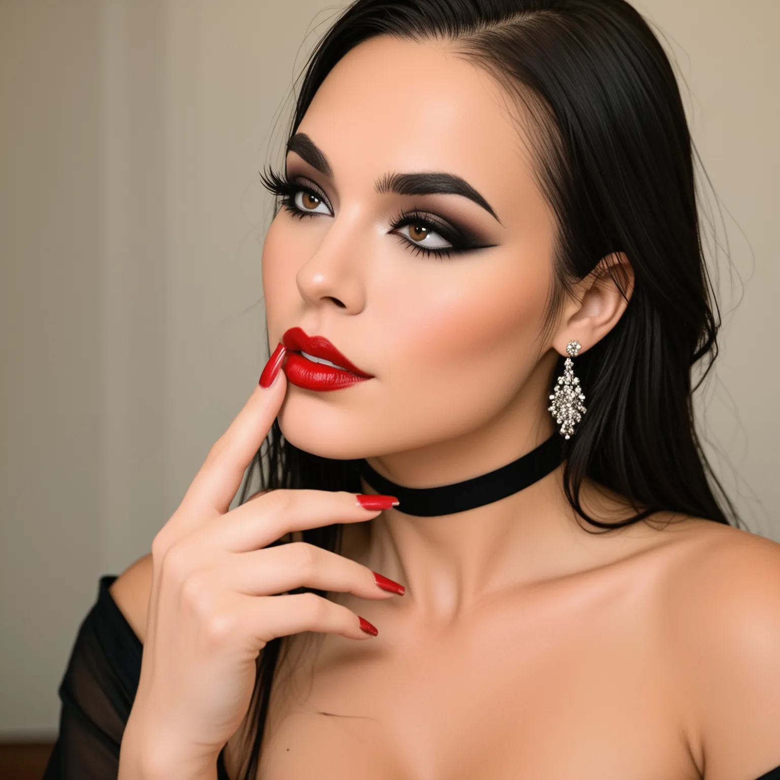 closeup zoomed in portrait of a femme fatale Japanese woman, long hair, earrings, dark eyeshadow, mascara, red lips, choker, seductive, lustful, sultry, nibbling her finger, red fingernails, professional photography, directional lighting