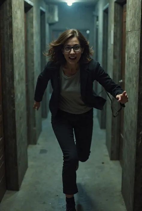 40-year-old woman with brown hair and glasses fleeing down a corridor