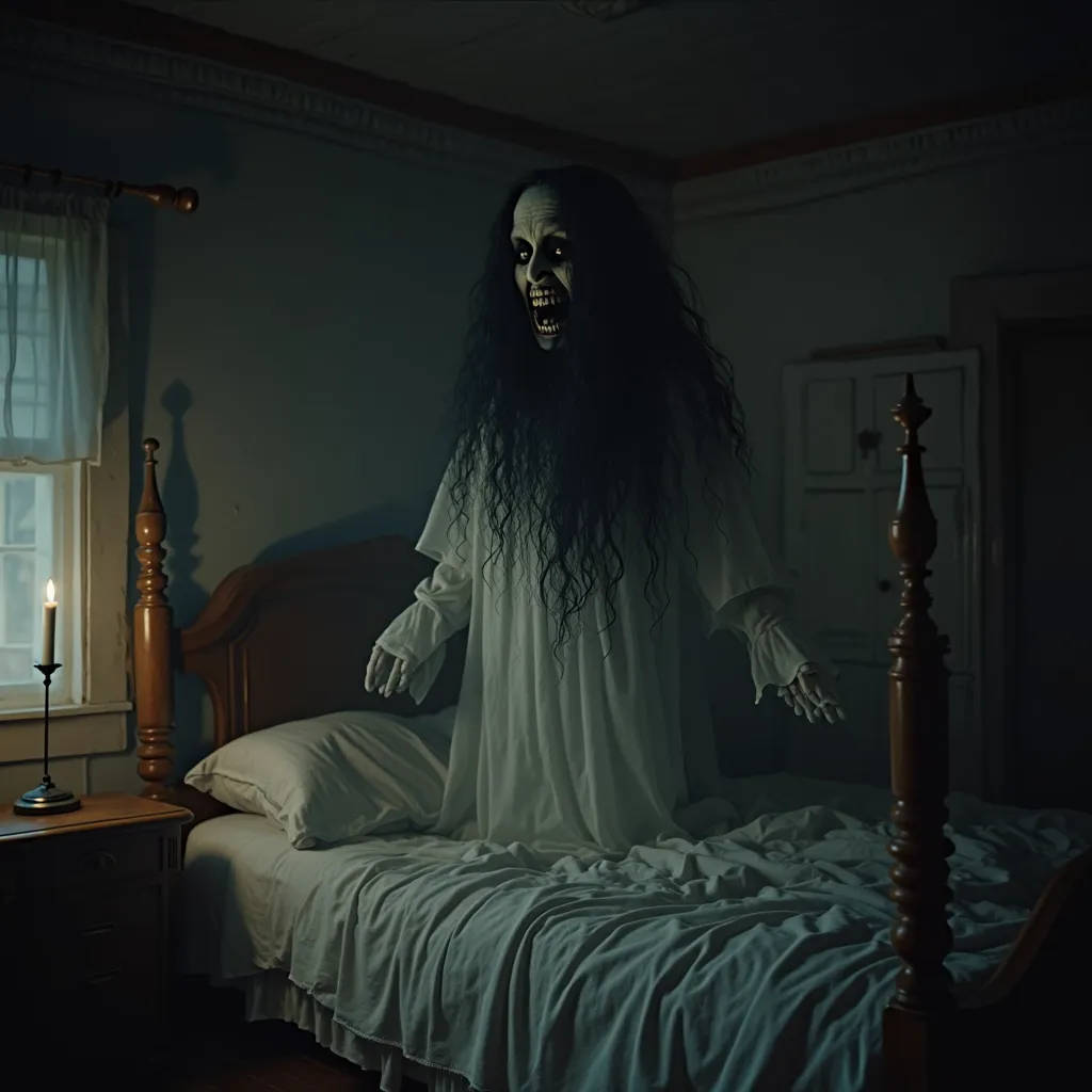 : A terrifying kuntilanak ghost floating near a sleeping man in a dark wooden bedroom. Her long, messy black hair drapes over her ghostly pale face, revealing a sinister grin. Her white dress is torn and stained, fluttering unnaturally as if moved by an un...