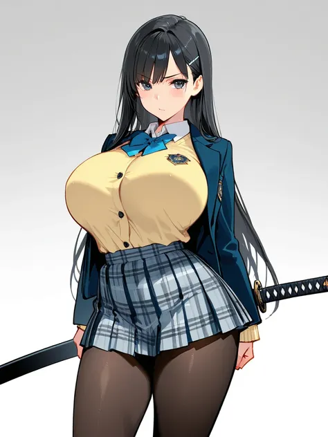 8k,masterpiece, best quality, ultra detailed, high resolution, super fine illustration, Schoolgirl with a Japanese sword,Beautiful girl with long black hair,
Huge breasts, pantyhose, plaid skirt, shoes,