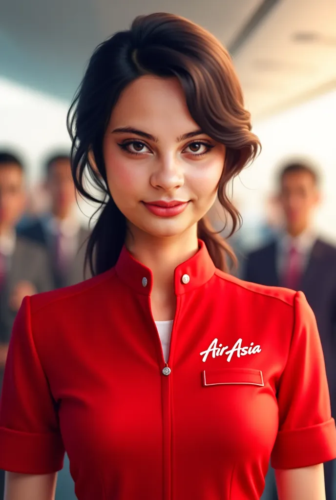 flight attendant with red uniform and wavy black hair, air asia, age 25