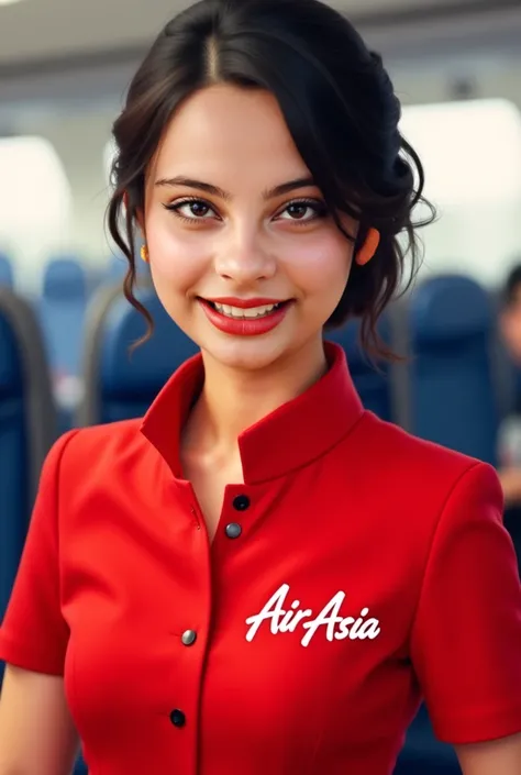 flight attendant with red uniform and wavy black hair, air asia, age 25