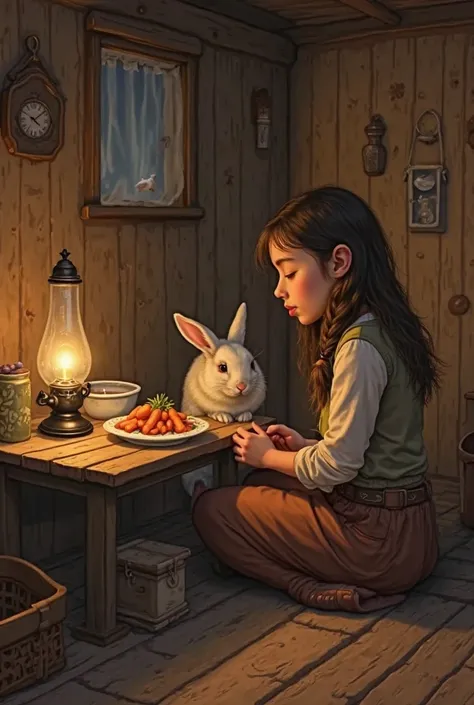 Inside a small, rustic home, the girl gently wraps a bandage around the rabbit’s leg. A wooden table holds a small bowl of water and a plate with fresh carrots. The rabbit looks up at her with trust. A simple oil lamp glows softly, adding warmth to the coz...