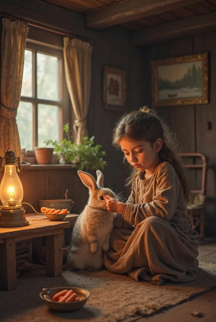 Inside a small, rustic home, the girl gently wraps a bandage around the rabbit’s leg. A wooden table holds a small bowl of water and a plate with fresh carrots. The rabbit looks up at her with trust. A simple oil lamp glows softly, adding warmth to the coz...