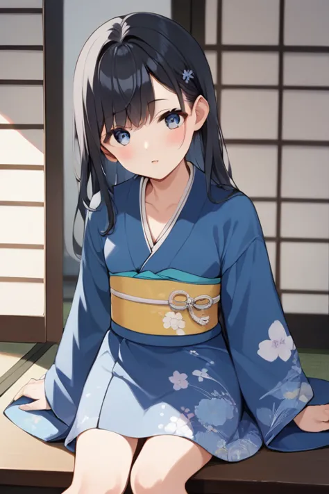  score_9,  score_8_ up,  score_7， score_6_ up,  score_5up， source_ anime，nsfw， uncensored，masterpiece，最high quality，  long hair, ( black hair) , bangs、amount ,  1 young girl， Low，Alone， blue hair ribbon ，blue japanese kimono ，Slightly bare，costume，Operate ...