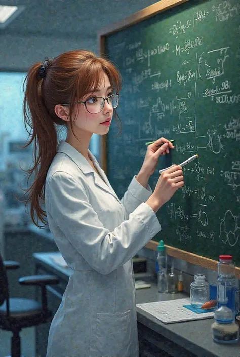 A brown-haired woman with glasses writing on a blackboard on the wall dressed in a white coat in a laboratory 