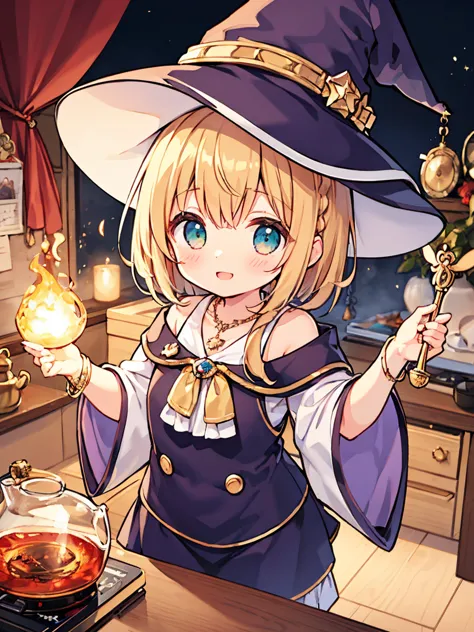 cute girl、plump、 flat chest、 The Wizard Girl、A cane whose tip shines brilliantly with a jewel、 witch hat 、 Gold、 short hair、 braids、Jade Necklace、Motivational Smile、 dim room in the background、Big Cauldron、I'm casting a spell at the kettle、The effect of li...