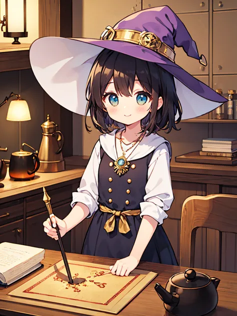 cute girl、plump、 flat chest、 The Wizard Girl、A cane whose tip shines brilliantly with a jewel、 witch hat 、 Gold、 short hair、 braids、Jade Necklace、Motivational Smile、 dim room in the background、Big Cauldron、I'm casting a spell at the kettle、The effect of li...