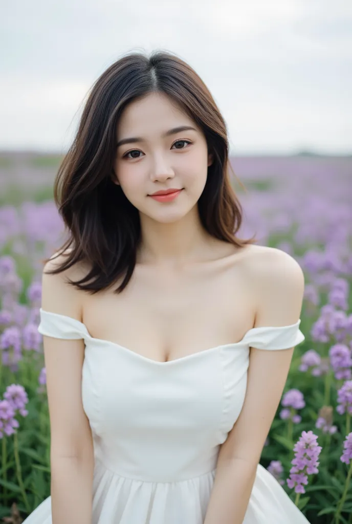  best quality, masterpiece, Ultra-high resolution, (Reality:1.4), original photo, 1 girl, White Dress, Off-shoulder, Field of blooming violet flowers, Radiant Skin, A faint smile，Huge Breasts，Charming Smile