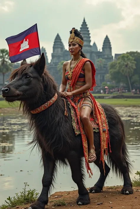 There is a beautiful indigenous Tumpoun woman wearing traditional Tumpoun attire, with Angkor Wat and a lake in the background, along with the Cambodian national flag. She is riding a mysterious creature.

