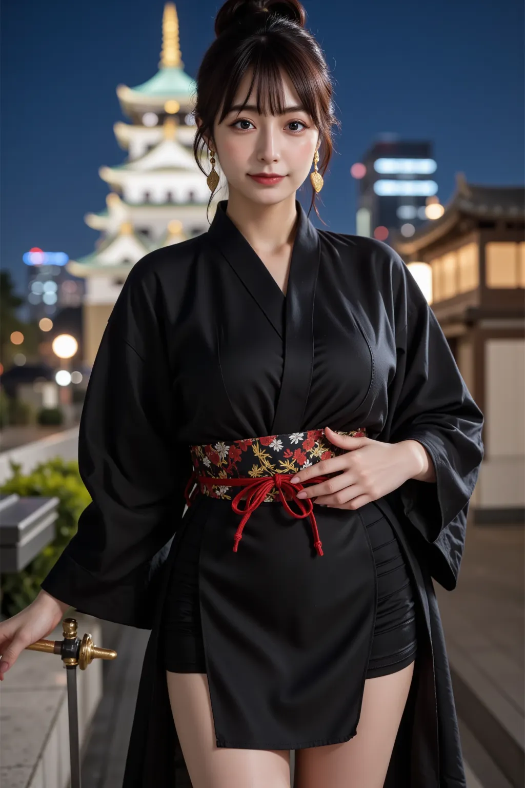  Top Quality,Photogenic Clarity,8K ultra-high resolution,Best Picture Quality、 masterpiece,   very detailed skin  , 詳細なclothingの特徴 ,   high definition model , there is a large Japanese castle in the background,Edo Castle Town at night, I'm very fat ,, comb...