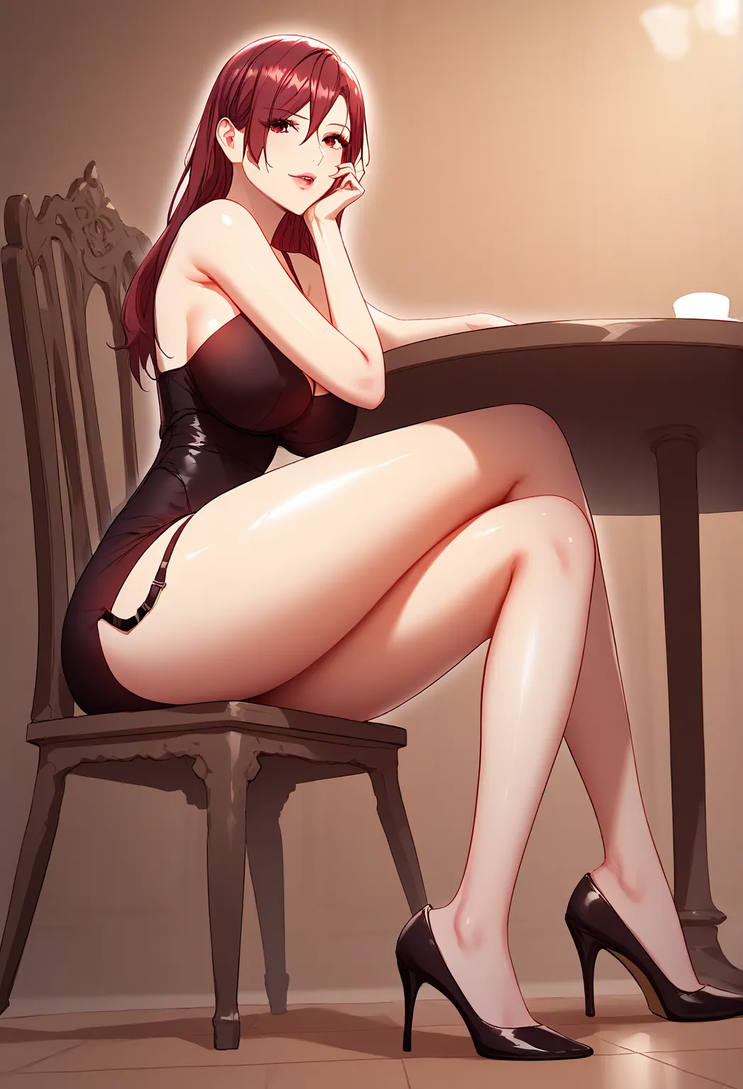 ((masterpiece)),(((best quality)),((very detailed)),((illustration)),(solo),
1 girl,(( gyong-eun, slim waist, wide hips, beautiful skin, beautiful red hair, beautiful long hair, clear eyes, sharp red eyes, hair between eyes, beautiful eyes, big and thick b...