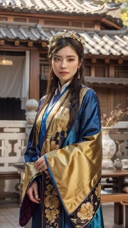 fat middle-aged Chinese woman wearing traditional Chinese hanfu clothing. he was standing in front of a traditional house with intricate designs and patterns. the woman wore a long red robe with a blue and gold embroidered sash around her shoulders. she ha...