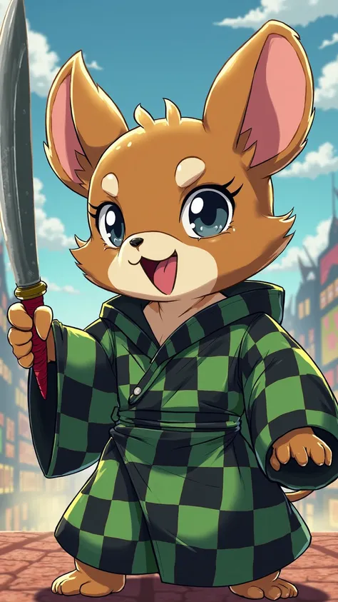 Create an image in anime or Japanese comic style inspired by Tanjiro Kamado from Demon Slayer, reimagined as a cute "tooth mouse." The character is transformed into a small rodent with adorable yet determined features and wears Tanjiro's iconic robe—a gree...