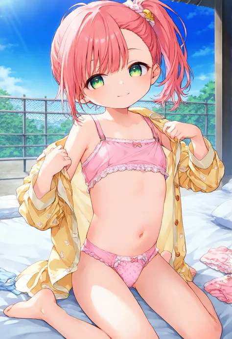 score_9、score_7_up 、HD、(Ultra HD details)、source_anime、Outdoors、solo、1 girl、Rlmisogi、side ponytail、 flat chest、Yellow pajamas、(((pink underwear)))、 changing clothes、 bed、(((is young)))、