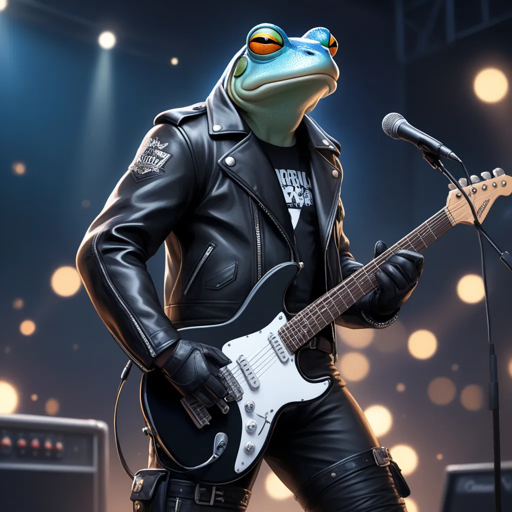 An extremely badass anthropomorphic light blue and white bullfrog wearing an insanely cool black leather biker jacket open, black shirt, black leather biker gloves, black leather biker pants, giving it a cool, edgy appearance, (solo:1.2), ((masterpiece)), ...