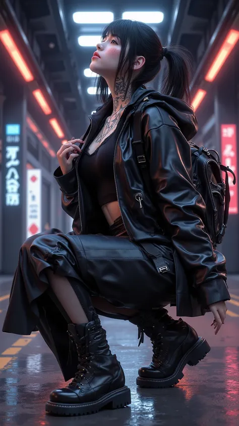 Goethe Futurist style，A cool girl，High Value 1.5，Fine Tailor 1.5，Sexy Lip Edge 1.0，full body shot，High realism， High detail， HD ，8K quality，Sharp Eye，looking_up , Dark Hair，short ponytail，Bra Vest，Fit Black Leather Jacket，black leather pants，Black Backpack...