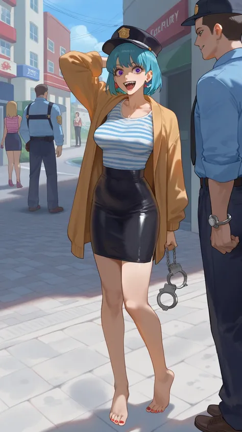  An anime crazy barefoot bad girl，On the Street，Crazy Laughter，Handcuffed by a Public Security Bureau man ， bad girl wearing a striped top black tight skirt，Public Security Bureau man handcuffs bad girl's hand