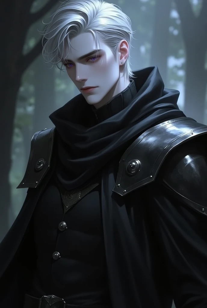 game art,  conceptual art , anime style, ultra-realistic character design, man,  mature,  young adult, , Mysterious, knight, gray skin,  purple eyes, smooth black metal shoulder pads, wizard's cloak,  darkness , short silver hair styled back with gel, calm...