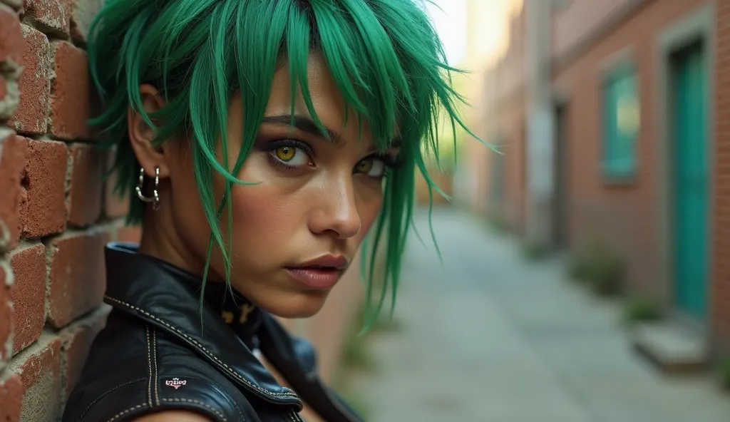 a far shot of a right  shot of a tanned half indian half chinese with green cyberpunk short edgy hair, she  has a malicious demonic look ,is tanned from the bahamas with yellow eye pupils,  she is leaning against a brick wall in an alleyway , she looks int...