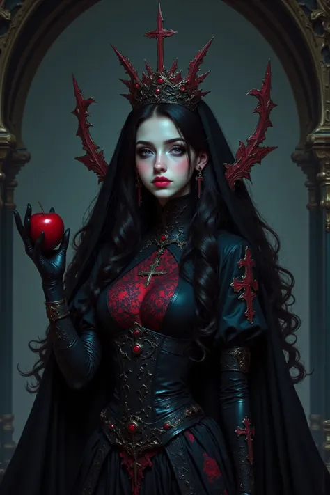 girl,long dark hair，Black Queen ，Accessories， Apple in Hand ，poison apple，witch queen， red lipstick