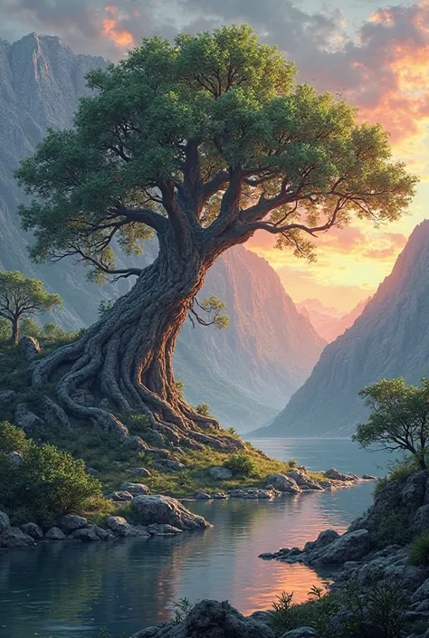  a large tree , leafy and in the background a mountain, with a reddish sunset and in the lower part a river where the tree is reflected, The sunset and the mountains.