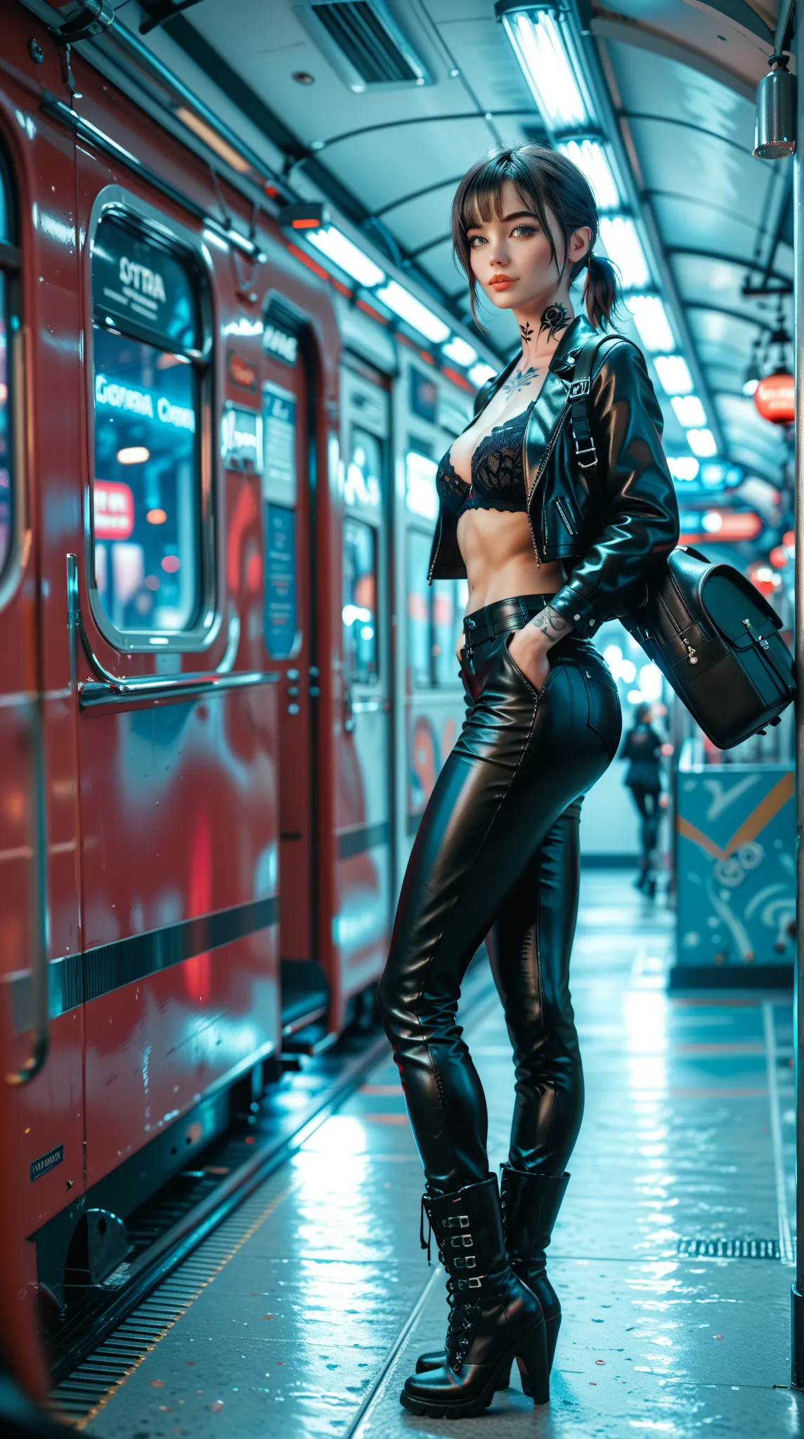 Goethe Futurist style，A cool girl，High Value 1.5，Fine Tailor 1.5，Sexy Lip Edge 1.0，full body shot，High realism， High detail， HD ，8K quality，Sharp Eye，looking_up , Dark Hair，short ponytail，Bra Vest，Fit Black Leather Jacket，black leather pants，Black Backpack...