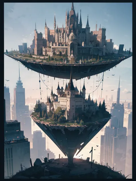  An eerie futuristic floating island floating in the air, City,  fantasy, (The bad guy&#39;s hideout), ( cute), cute, cute,  anime style,  Technology ,  dark,  funny, magic plant growth, extreme details,  real light , blue sky, A magnificent composition, (...