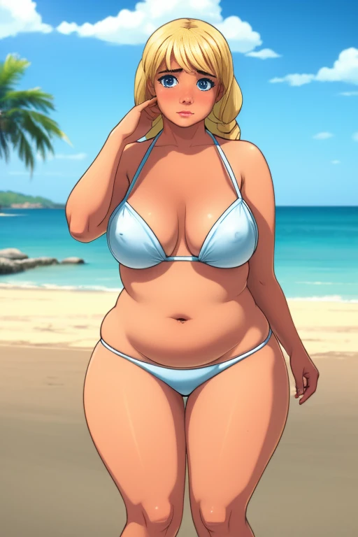 (( masterpiece)), ((realistic art)), ((anime)), (( perfect quality )), ( beach), (  very chubby  ), (  night ), ((TOP QUALITY)), ((Alone)), (( girls on the left)), , blonde hair, (Full Body Art), face : [very beautiful face, realistic,  exhaustive, (perfec...