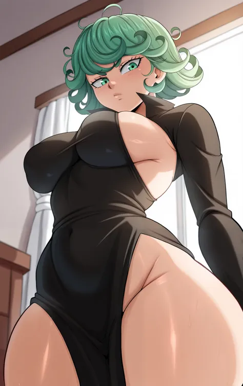 (masterpiece,amazing quality,best quality),blaash,astroostylev5,solo,tatsumaki171,short hair,green eyes,green hair,black dress,cowboy shot,from below, large breasts, side boobs, side boob