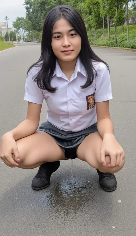 a beautiful girl squatting and (wetting herself:1.8). She is wearing Indonesia SMA uniform facing the camera. No skirt. (full body picture:1.5). Pooping herself. 