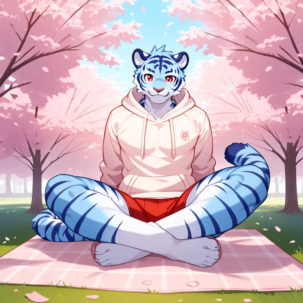 sitting on a picnic mat, under a cherry blossom tree, soft pink petals gently falling in the breeze, peaceful spring afternoon, warm and happy expression, sunlight through the branches, smooth lighting, radiant sky, dreamy pastel glow, (blending soft blue,...