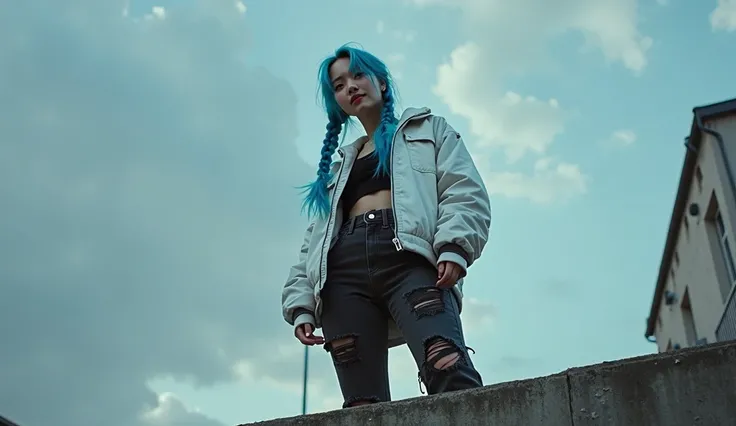 a hype realistic  korean blue turqoise braided hair girl with a white cyberpunk jacket standing on the corner of a ledge looking into the camera from a bottom view, she is a street thig by nature, she smiles slightly with faith showing her ash blue eyes,  ...