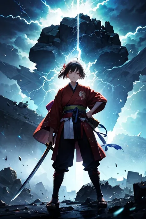 TOP QUALITY, masterpiece,fantasy seen down,samurai, Emperor,main character, First half of 20,woman,A lot of thunder,standing in front of you,Standing holding a sword,perfect image of a man destroying a rock with a sword、debris scattering in the background、...