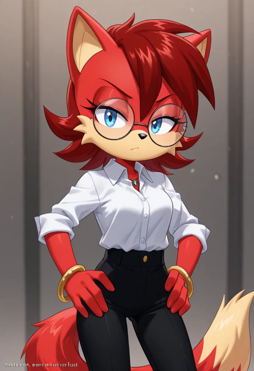 princess_aika ♥, 1girl, solo, furry, shirt, furry female, tail, hands on hips, pants, blue eyes, glasses, animal ears, red fur, red hair, round eyewear, collared shirt, shirt tucked in, artist name, body fur, black hair, closed mouth, watermark, black pant...