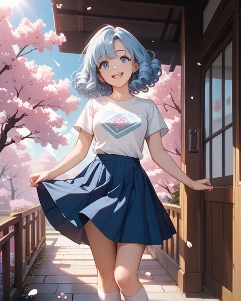 best quality,1 young woman,18 years old,slender body,Short stature,light blue hair,Medium Hair,curly hair,excited smile,,,Long-sleeved-shirt,Blue skirt,flare skirt,knee-high,has a book in hand socks,,spring,morning,sunlight,cherry blossoms,medium shot,Natu...