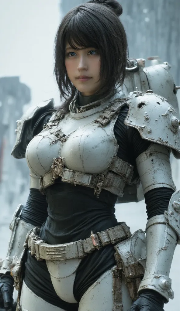 8k,   Ultra High Definition,   bob cut short hair  、  full body,    beautiful, captivating,   Heavily armed,    Ruined Battle Spaceship    ,  Heavy armored suits on display  , Battle Form   , Show your face,     among her advanced weapons    ,   fire her w...