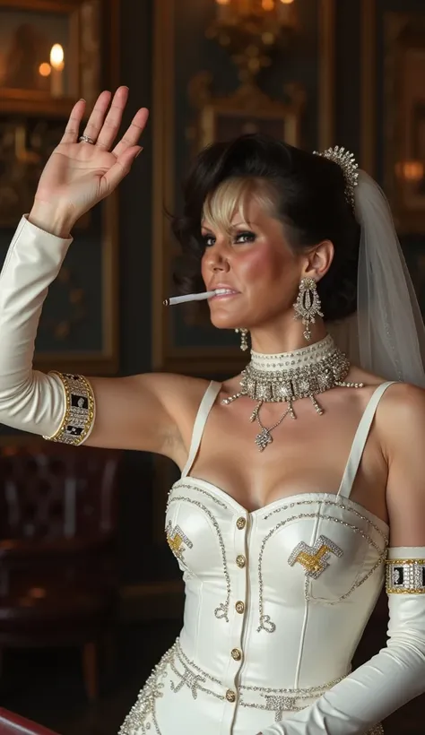 A rich older Nazi diva with huge hoop earrings with huge swastikas,  armband with swastika, white leather wedding dress with studded diamond swastika, white leather choker with golden text "Nazi-SS". Raise your straight right arm as a Nazi salute.  cigaret...