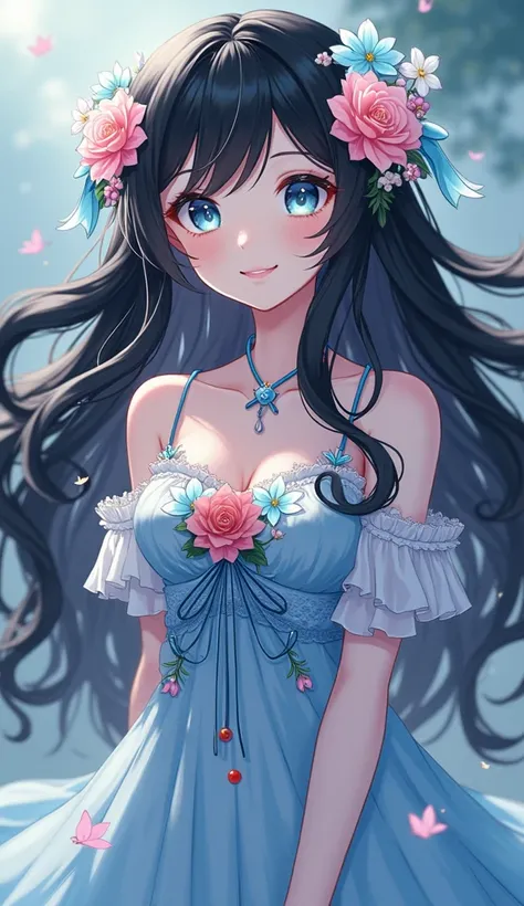  woman,  firefly, gorgeous anime,  Long Black Wave Hair , Here is a white dress made of flowers,  on the forehead,  light smile, close her eyes