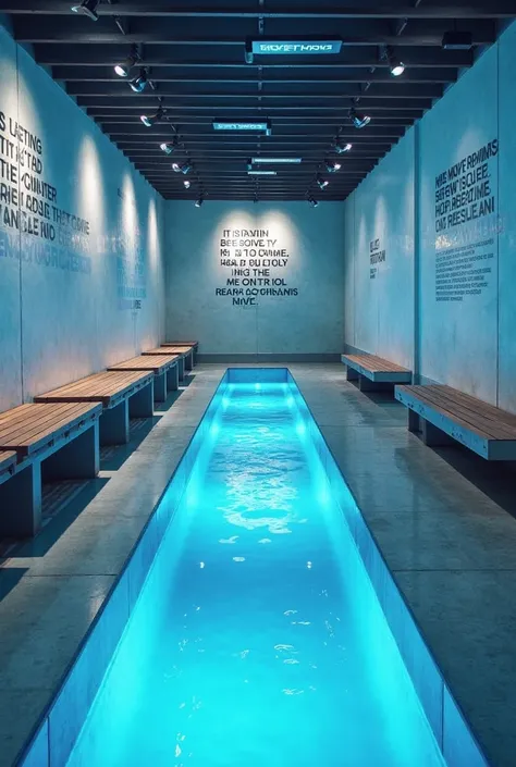 	6. Ice Bath Recovery Area:
“Create an athlete recovery zone with an ice bath area. The space includes multiple cold plunge tubs, benches for athletes to sit, and a relaxing ambiance. The walls feature motivational quotes about recovery and peak performanc...