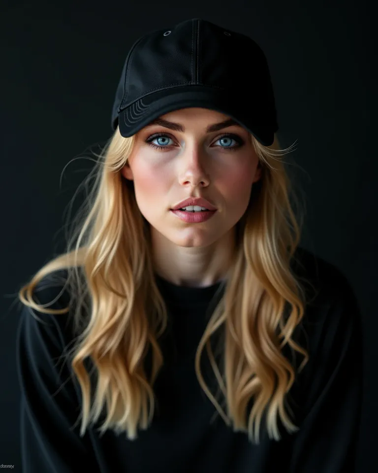 photograph, upper-body shot, young woman model, blond long hair, street fashion style, black cap, gaze to front, top-down key light, used camera is Canon EOS R5 with an RF 85mm F1. 2L lens, solid black environment, realism studio lights setting, strong con...