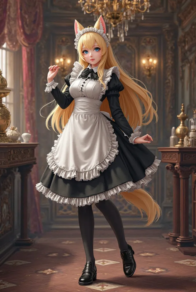 Beastman girl dressed as a maid,  blonde with blue eyes