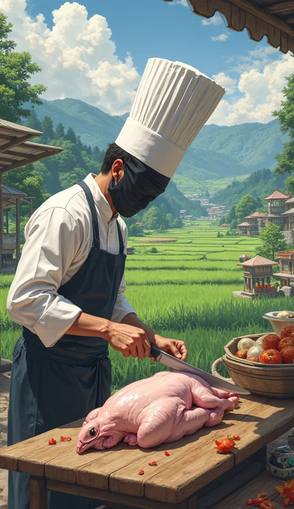 epic countryside market scene of a  dressed as a chef 
 Featherless chicken lying on the cutting board. . Behind is a scene of rice fields and forests in the distance