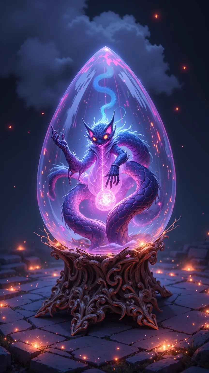 Reveals Enchanting Mysterious Creatures，Smoke Shrouds，Revealing an intoxicating mysterious creature，Fictional Crystal Ball on Gorgeous Base Surrounded by Sparkling Fairy Lights，Evokes Surprise and Magic，Intricate Fantasy Art，Influenced by Brian Fried，Trend...