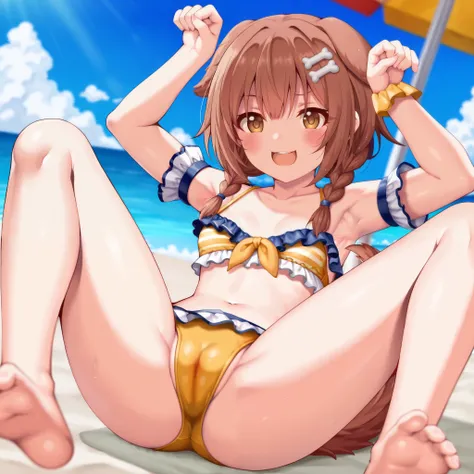 Dog God_,  Artist , horosuke, Copyrights,  princess_Connect!,  The Idolmaster_ twinkle in both armpits_colors, character,  General, 1 girls on the left, brown_hair, dull_前hair, , medium_chest, chest, smile, brown_eye, Censored, striped  bikini,   yellow_ b...