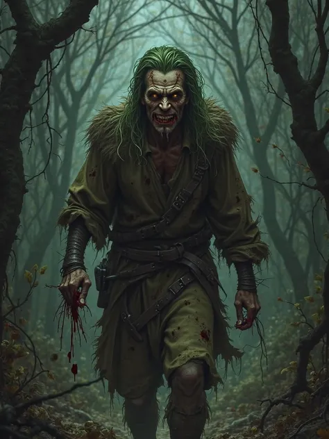 Evil sadistic savage man, medieval cannibal, bloody, worn out clothes with leather braw, dark forest background, green hair