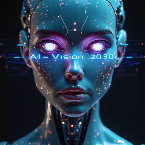 A close-up of a highly detailed female humanoid robot's face, with one half appearing human and the other half as sleek, futuristic metal. Her eyes glow with neon blue or purple light, and digital patterns flow across her face. In the center, the text 'AI-...