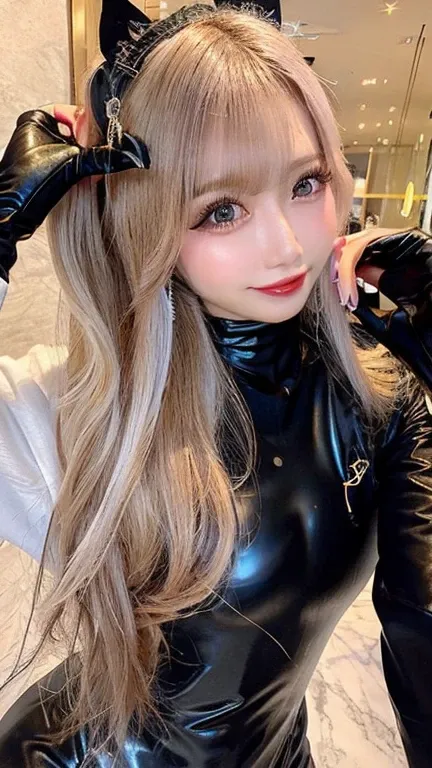 She wears a black latex catsuit, no bra, very beautiful cleavage, very beautiful blonde, gradation color, very beautiful lashes, very beautiful lips, the background is a hotel model, a Japanese 20-year-old girlfriend, she is wearing a black latex catsuit, ...